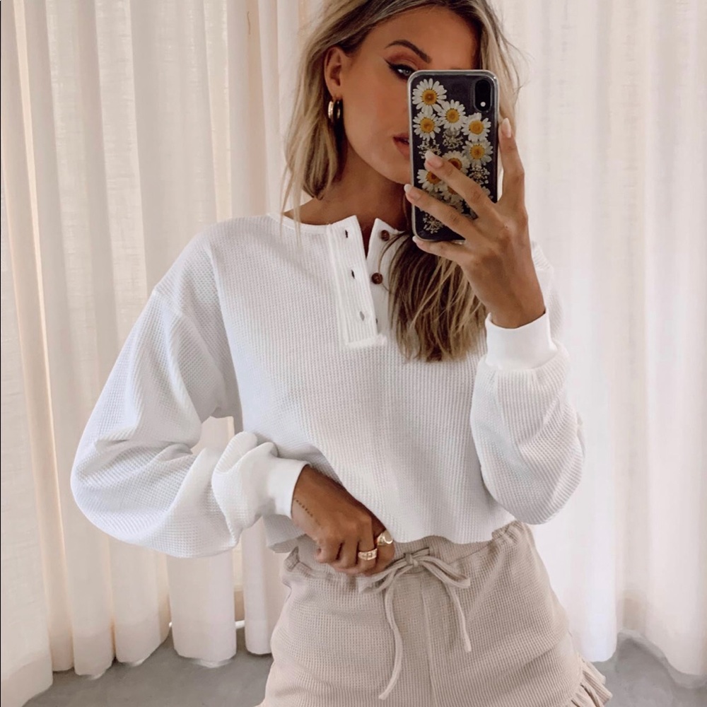Princess Polly Mia Henley Cropped Sweatshirt White